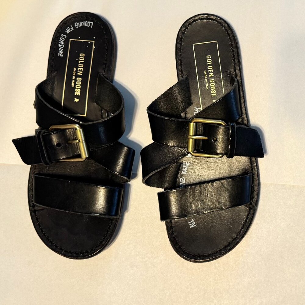 Golden Goose Women's Margaret flat sandals in black resin-coated leather 39